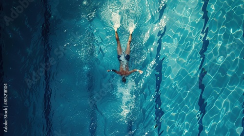 Aerial Top View Male Swimmer Swimming in Swimming Pool. Professional Athlete Training for the Championship, using Front Crawl, Freestyle Technique. Top View Shot