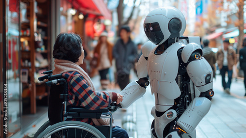 Elderly person in a wheelchair with a disability accompanied by a robot with medical assistance technology