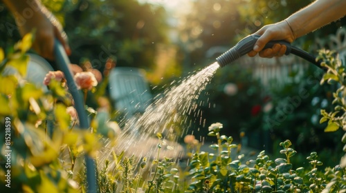 A woman is watering a garden with a hose  holding the nozzle in her hand and spraying water onto the plants and soil.