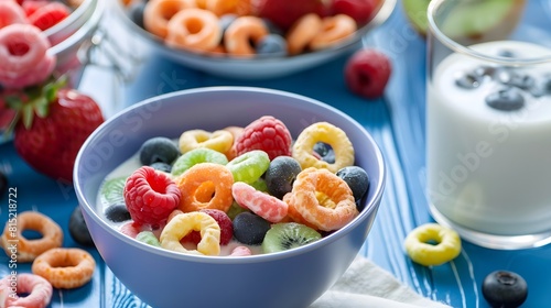 A bowl of cereal loops and a glass of milk with fresh fruit