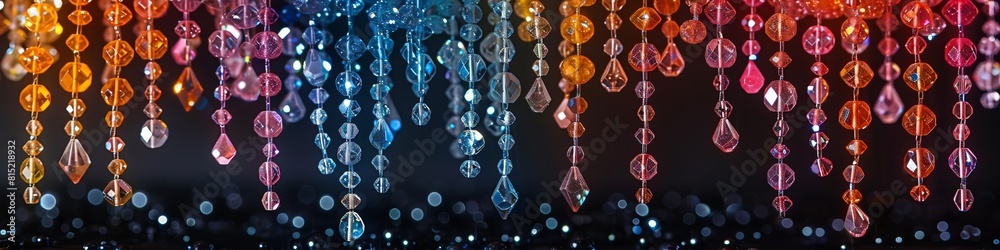 A curtain of crystal beads hanging on strings in vibrant colors. A curtain of crystal beads hanging on strings in vibrant colors.