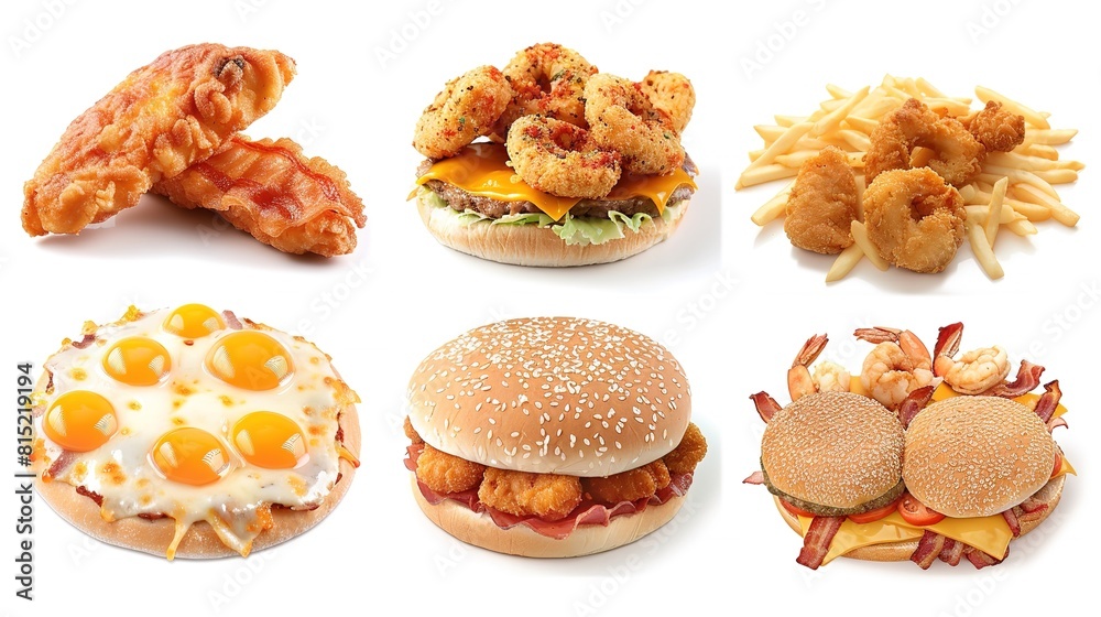 All Fast Food collection set, isolated on white background. Fried chicken, fries, pizza, sandwich, chicken nuggets, eggs and bacon, shawarma, prawns. Junk food of Fast Food set. Closeup of fast foods.