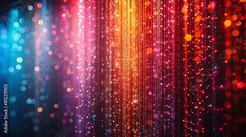 A curtain of crystal beads hanging on strings in vibrant colors. 