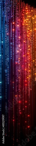 A curtain of crystal beads hanging on strings in vibrant colors. 