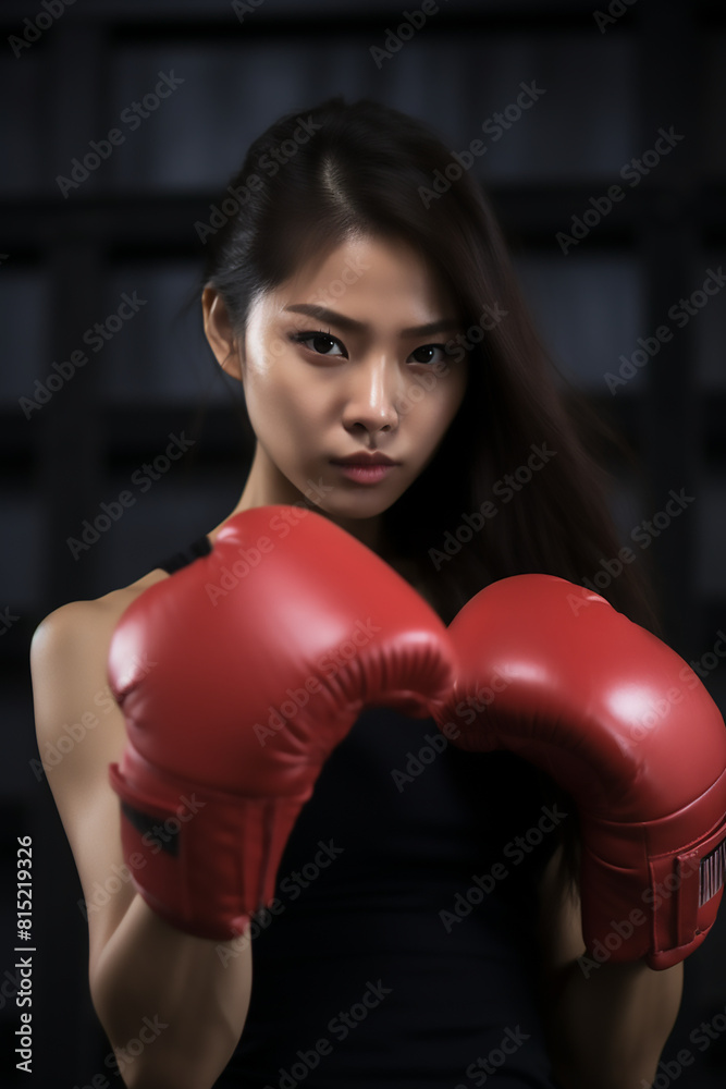 Portrait of young Asian woman with boxing gloves. High quality photo