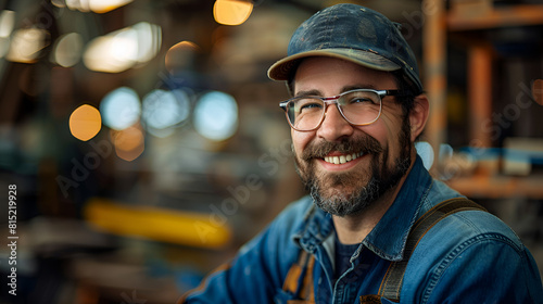 Portrait of carpenter handsome man smiling at factory
