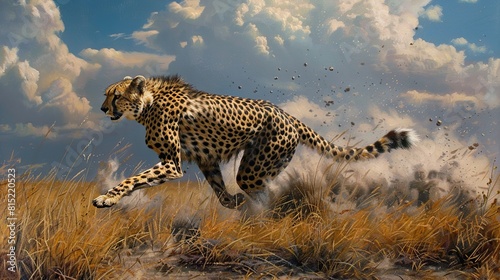 CHEETAH acinonyx jubatus, Adult running through Savannah. Generative Ai photo