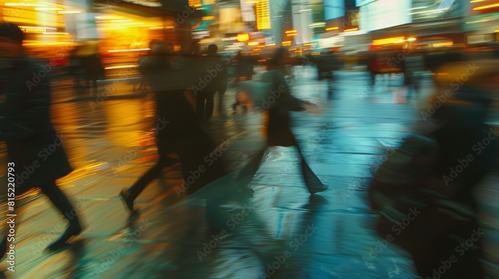 Blurred Motion of People in Vibrant City Street at Night