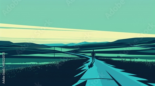 Abstract Landscape with Lonely Road in Green and Blue