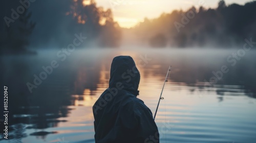 Solitary Fisherman at Sunrise on Misty Lake