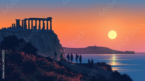 Temple of Poseidon at Sunset with Vibrant Sky and Ocean View photo