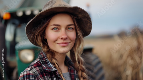 Proud attractive female farmer standing in front of agricultural field