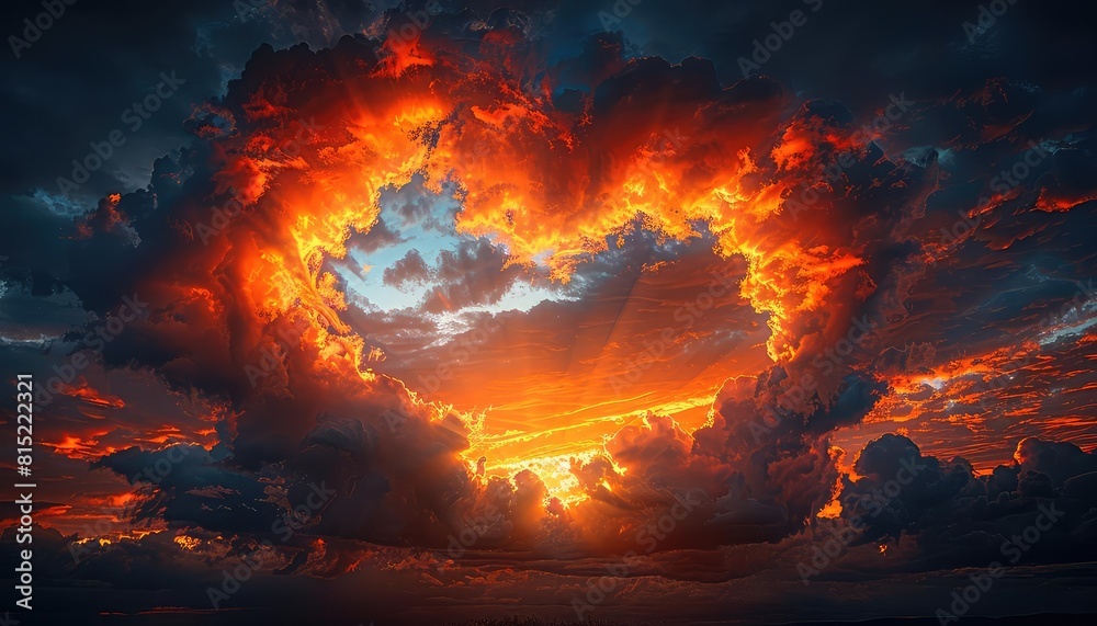 A series of clouds forming a heart outline against a sunset, romantic theme, large copy space above