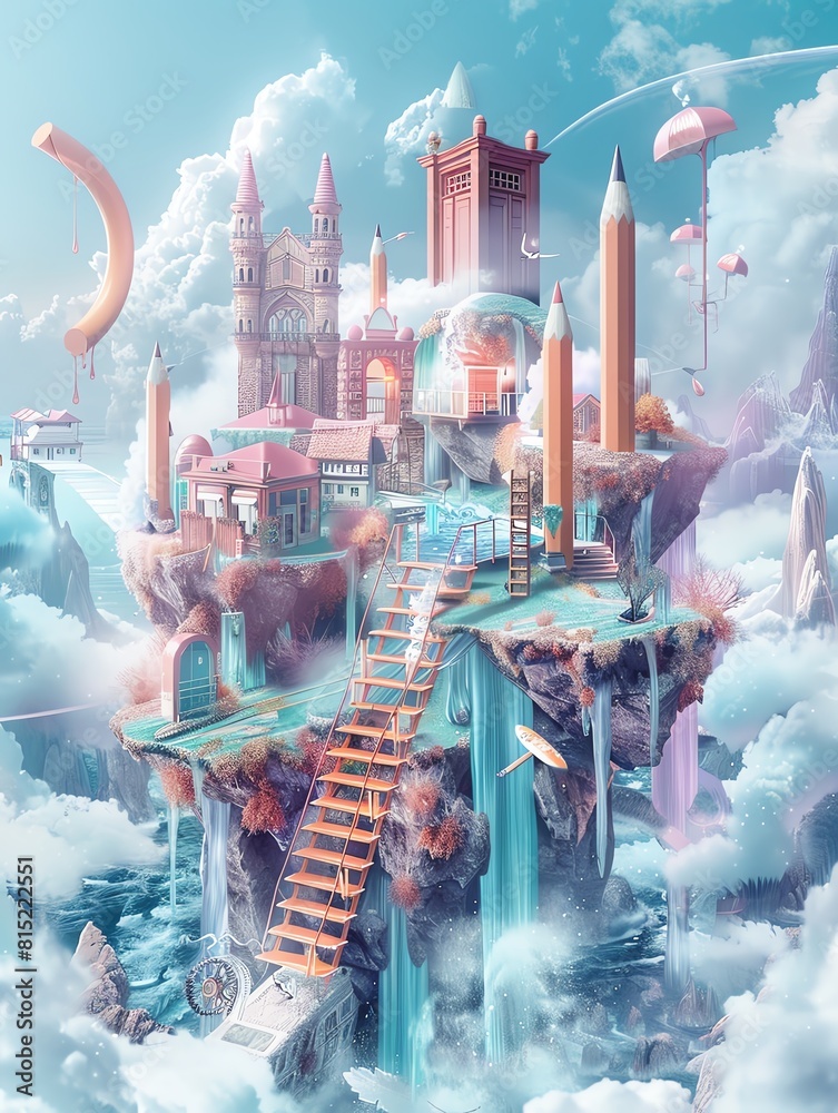A surreal floating island with a castle, town, and giant pencils. The ...