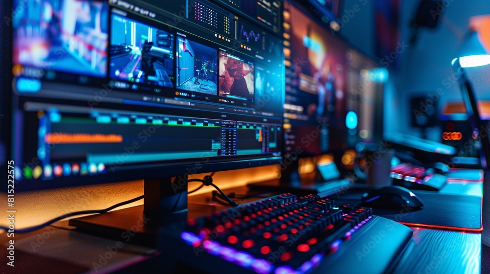 A computer screen in focus with multiple monitors blurred in the background, showing a professional workspace A computer screen in focus with multiple monitors blurred in the background, showing a professional workspace