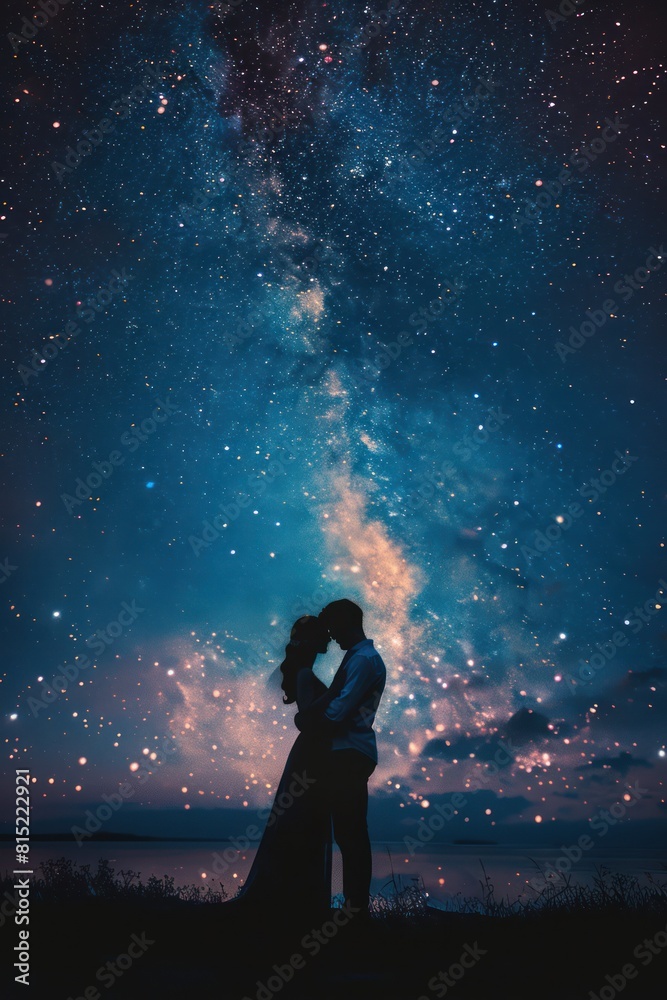 Romantic scene of a couple embracing under a starry night sky, with the stars illuminating their silhouettes