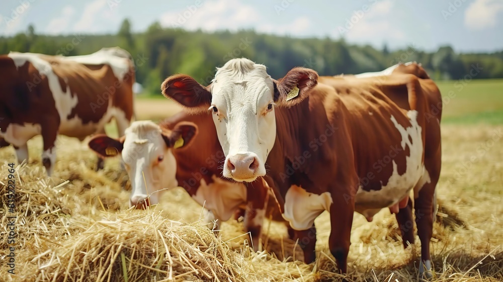 Cows in a farm. Dairy cows. fresh hay in front of milk cows during work ...