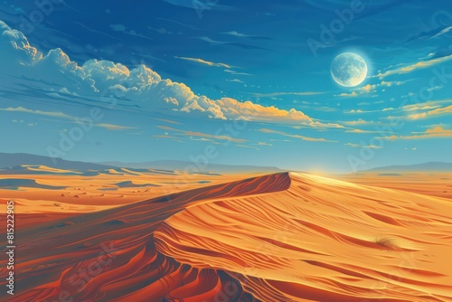 Mirage on the desert horizon, with shimmering heatwaves and a surreal appearance of water