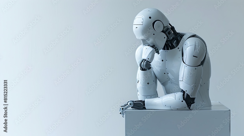 Naklejka premium Contemplative Robot Posing Thoughtfully. AI and Future Concepts. Modern Robotic Technologies. Minimalist Style. AI