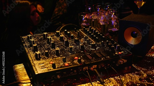 Console DJ Mixer in Night Club Booth: Party Atmosphere with Dancing Crowd photo