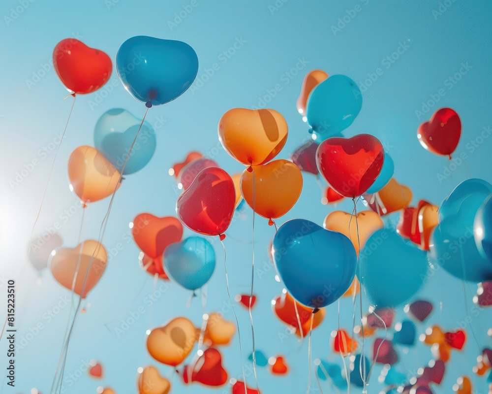 Heart-shaped balloons floating upward into a clear sky, symbolizing the light-heartedness and uplift of happiness