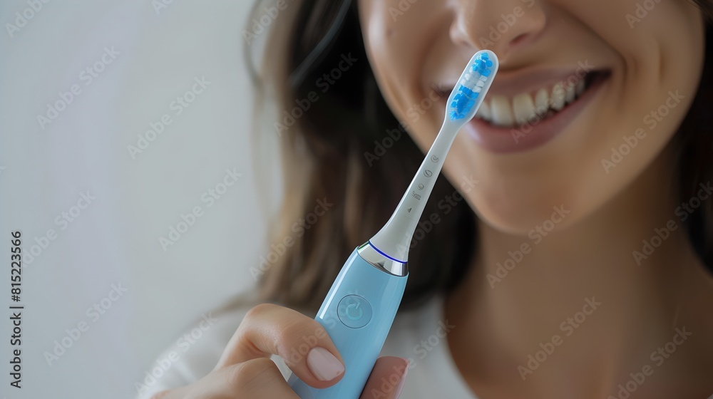 Smiling woman holding an electric toothbrush, ready to brush teeth. Portrait of dental hygiene routine, lifestyle. Close up, blurred background. AI Smiling woman holding an electric toothbrush, ready to brush teeth. Portrait of dental hygiene routine, lifestyle. Close up, blurred background. AI