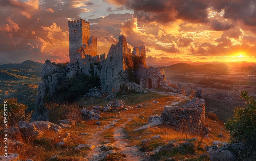Fototapeta premium Haunting beauty of medieval castle ruins bathed in the light of a setting sun