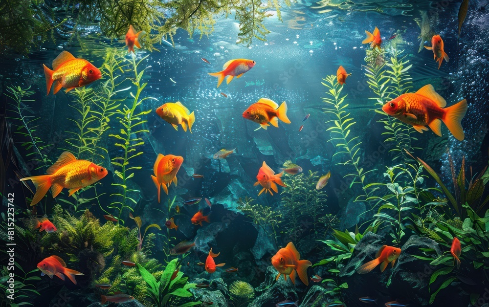 Fototapeta Serene beauty of an aquarium life, featuring various fish species among lush aquatic plants