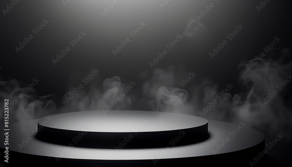 gray and dark smoke stage background. Podium black dark grey smoke background product platform abstract stage texture fog spotlight.