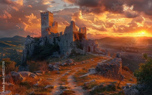 Haunting beauty of medieval castle ruins bathed in the light of a setting sun