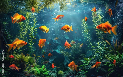 Serene beauty of an aquarium life, featuring various fish species among lush aquatic plants
