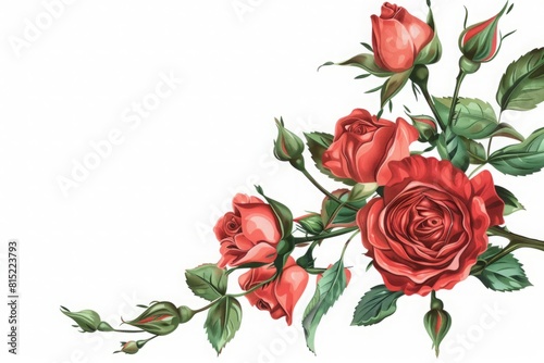 Corner Composition of Red Rose Buds and Green Leaves for Greeting or Wedding Cards