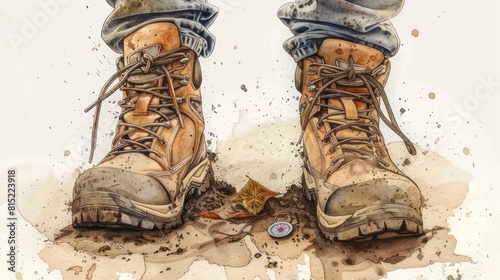 Worn-out shoes and feet of a hiker 