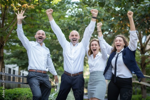 Group of happy business people celebrating success with arms raised in the air