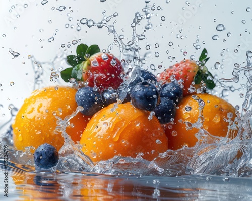 Fresh fruit with splashing water around it  capturing the moment of impact