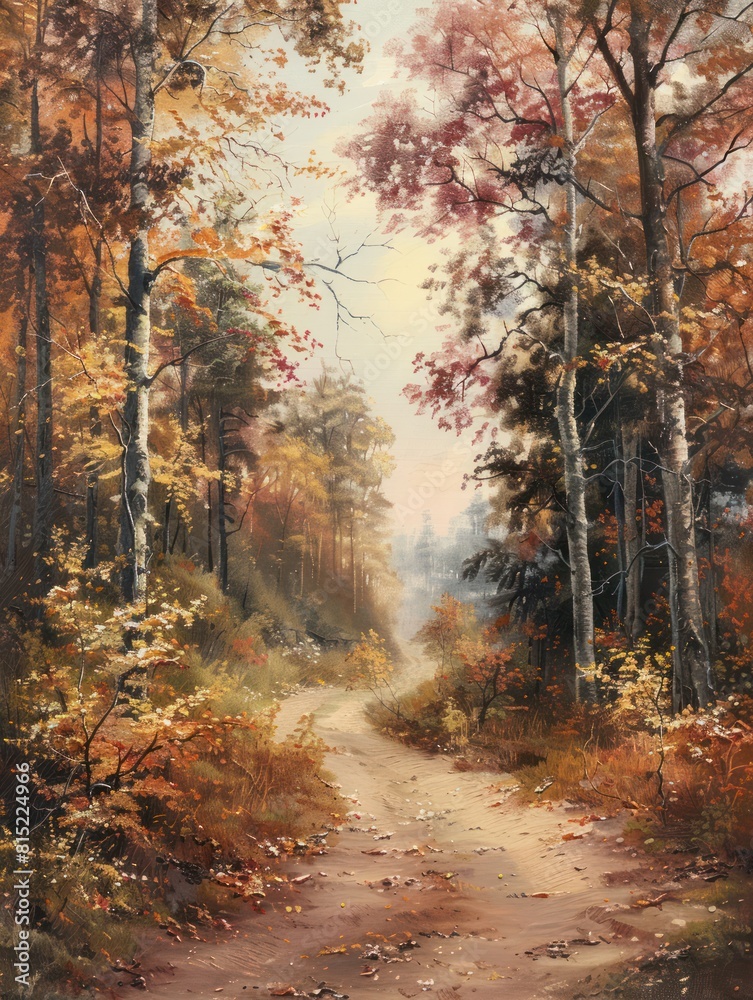 Serene path through an autumn forest, with gently falling leaves