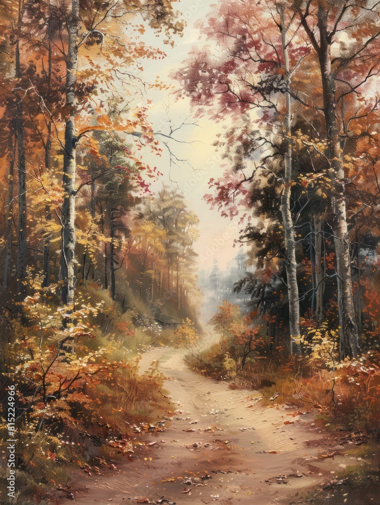 Obraz premium Serene path through an autumn forest, with gently falling leaves