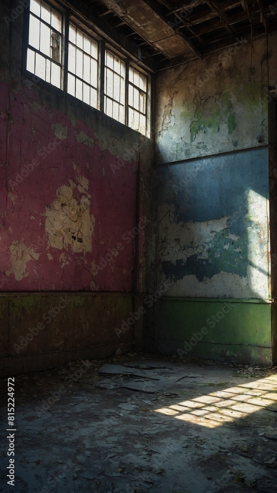 Obraz premium Sunlight streams through grid of windows, casting pattern of light, shadow on floor of abandoned room with peeling paint, decay. Walls, once vibrant, now showcase mix of faded red, blue, green hues.
