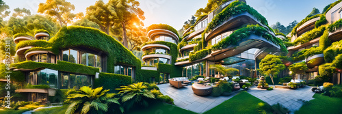 vegetated facade of a green futuristic building hybrid design in nature with forest trees and plants photo