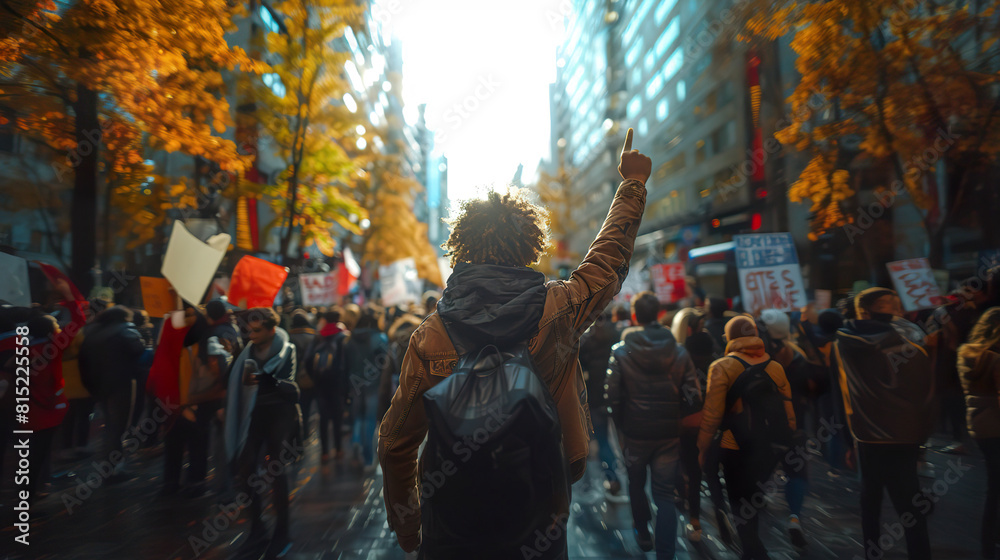 Protester raises a finger during a city march. Generated by AI