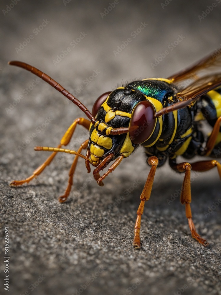 Wasp with vibrant yellow, black stripes captured up close, showcasing intricate details. Metallic green sheen on body contrasts beautifully with yellow parts. Long, slender legs support body. Wasp with vibrant yellow, black stripes captured up close, showcasing intricate details. Metallic green sheen on body contrasts beautifully with yellow parts. Long, slender legs support body.