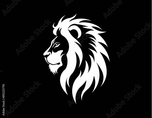 Logo design, lion head silhouette in white on a Black background, in a flat with simple lines