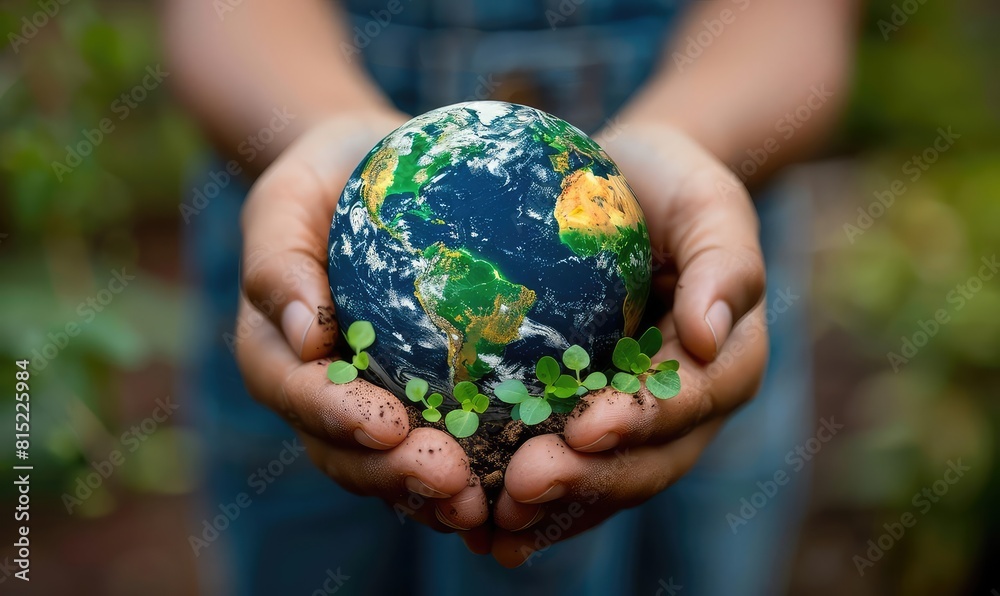 Abstract concept of hands holding earth, with green plants sprouting, symbolizing care for ecology, closeup Abstract concept of hands holding earth, with green plants sprouting, symbolizing care for ecology, closeup