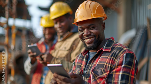 Smiling construction workers checking their smartphone