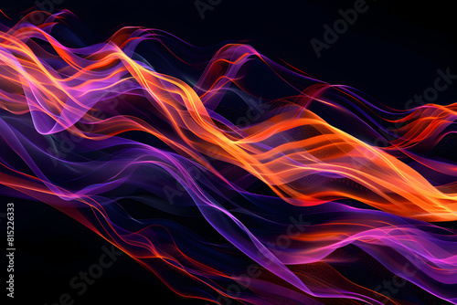 Abstract neon waves pulsating in shades of orange and purple. Striking on black background.