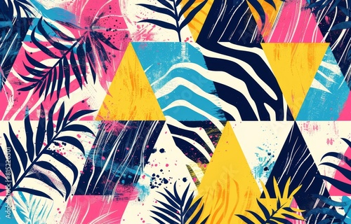 abstract pattern, triangle shapes in bright colors with zebra stripes and palm leaves Generative AI