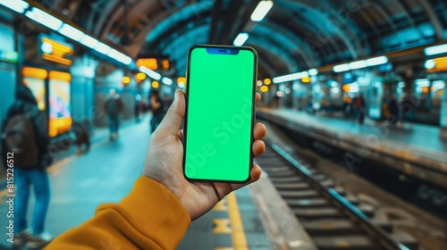 mocup phone with green screen in railway station