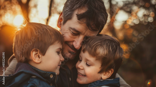 photo of father and two boys in the park hugging each other. Father's Day.
