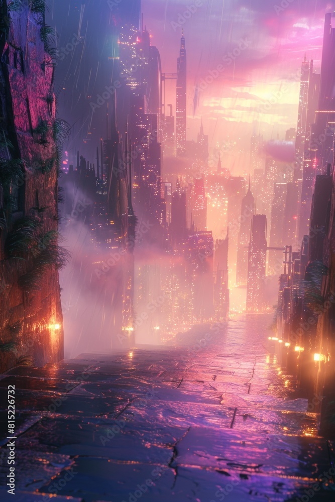 Obraz premium A cityscape with a foggy sky and buildings lit up at night, AI
