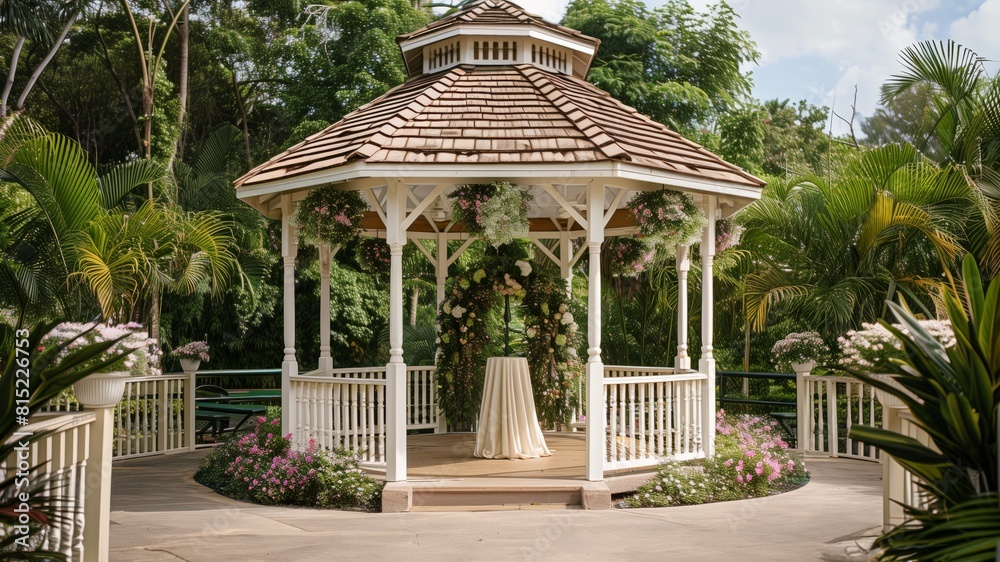 Picturesque wedding gazebo with lush greenery and plenty of copy space Picturesque wedding gazebo with lush greenery and plenty of copy space